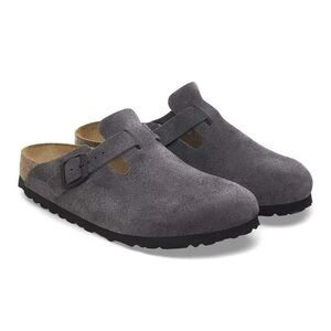 Grey suede Birkenstock Boston clogs